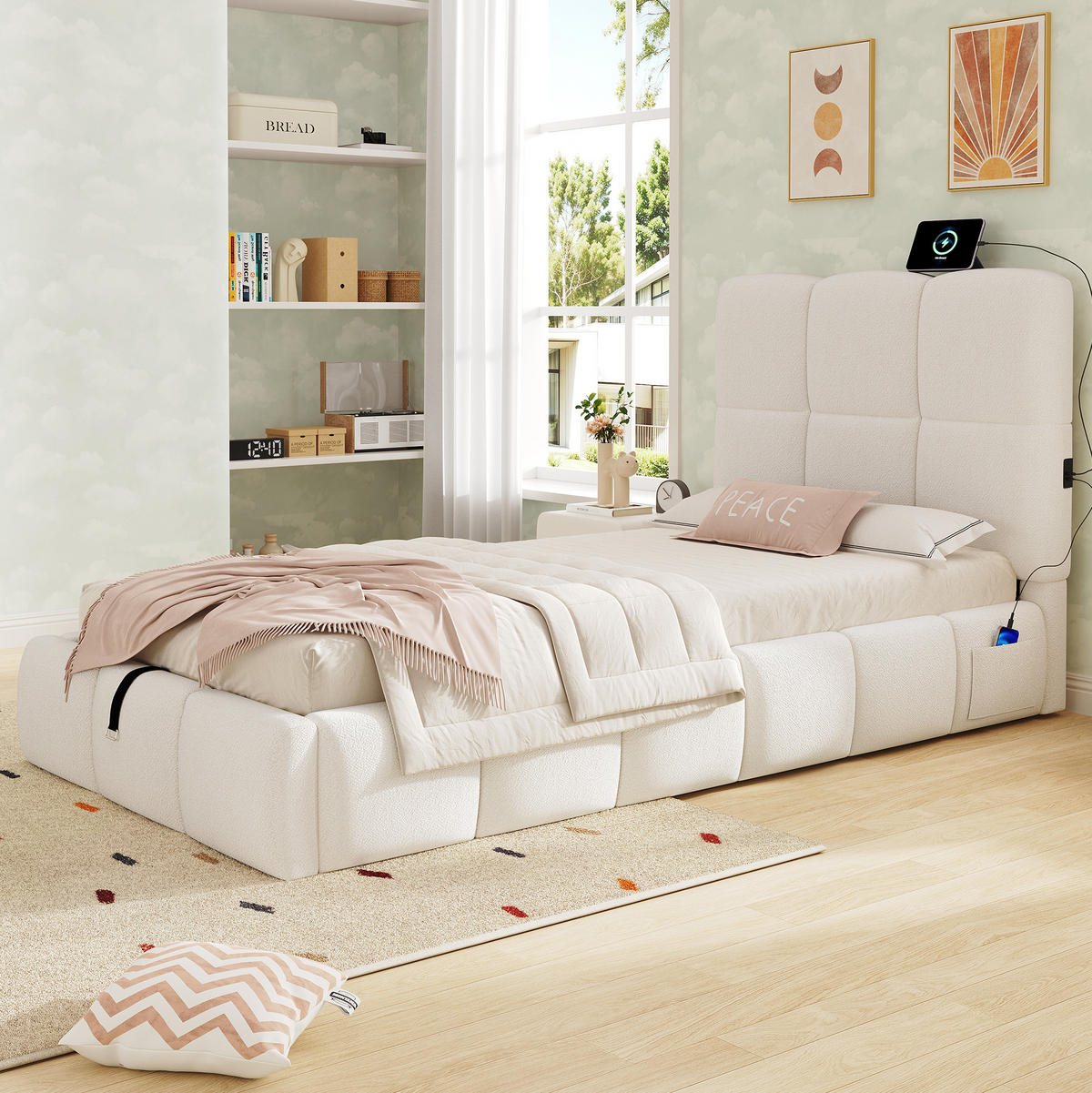 POLSTERBETT 90/200 cm mit Lattenrost, hydraulischem Stauraum und USB-C-Anschluss, Beige - Beige, Textil (90/200cm) - Redom