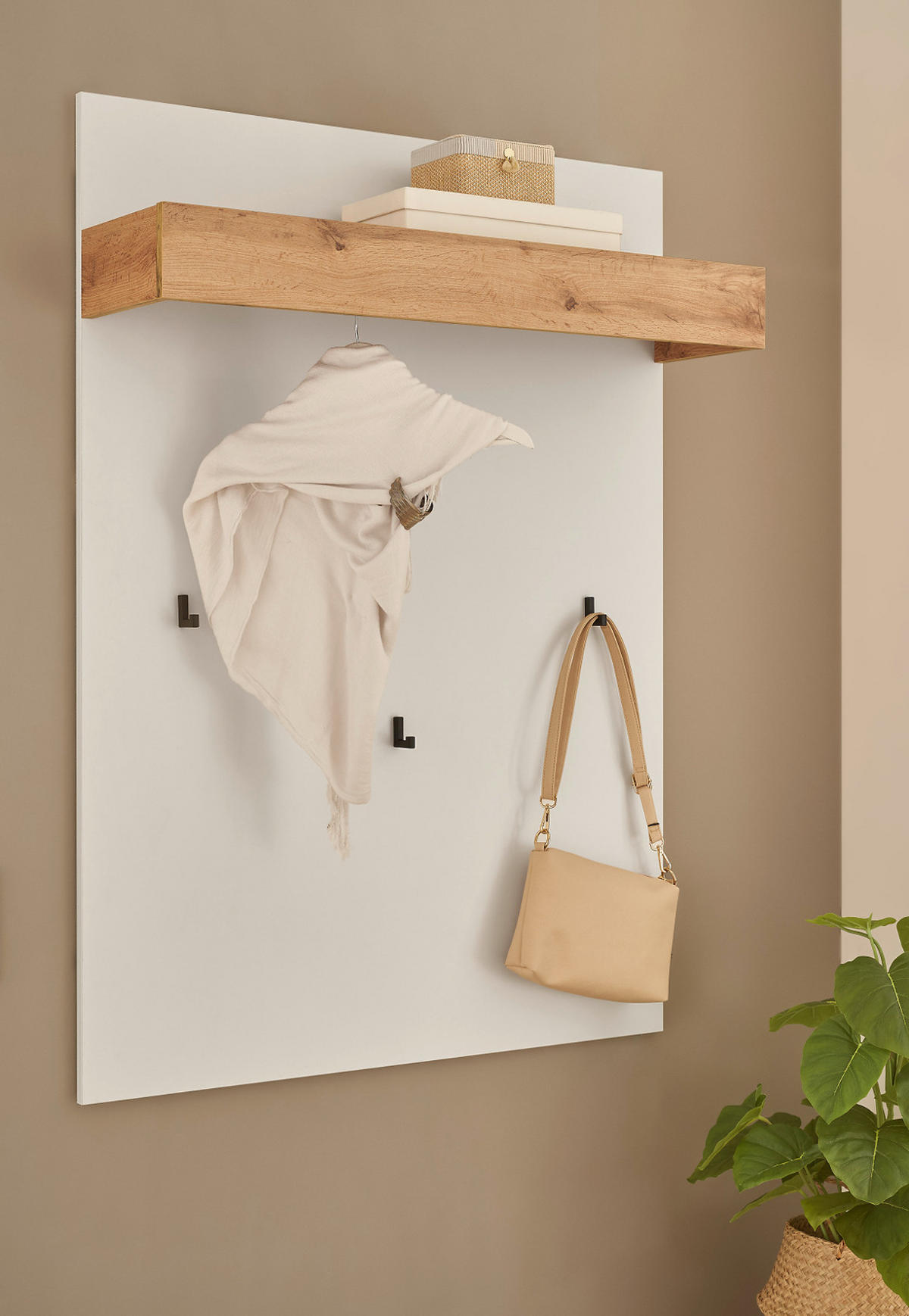 GARDEROBENPANEEL weiß, Eiche Wotan 100 cm, Wandgarderobe mit Kleiderstange - Weiß, Holzwerkstoff/Metall (100/135/25cm) - Furn.Design