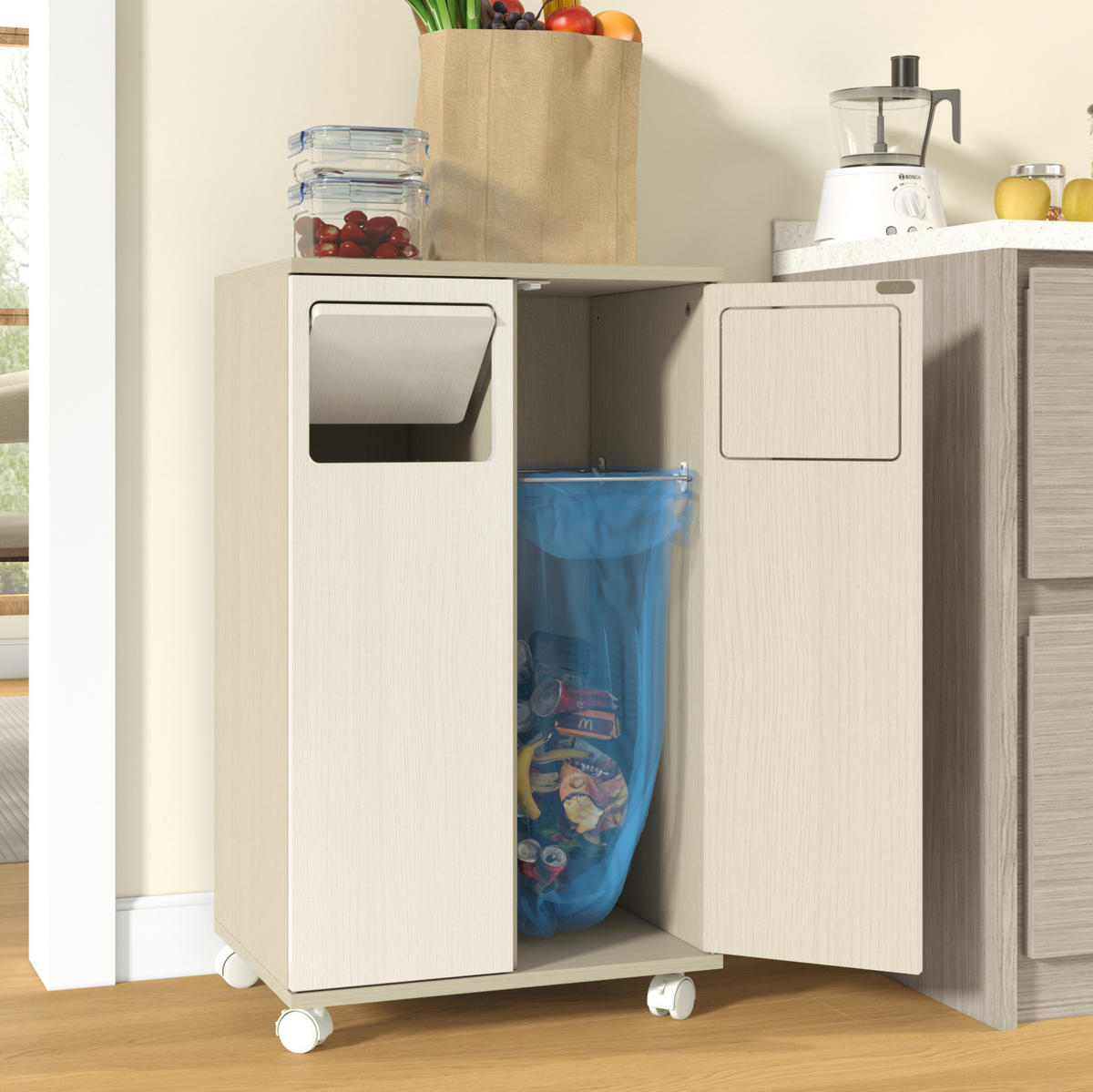 SKŘÍŇKA na tříděný odpad z MDF 46,7x35x80 cm bílá na kolečkách se 2 přihrádkami - bílá, kompozitní dřevo (46/80/35cm) - Modfu