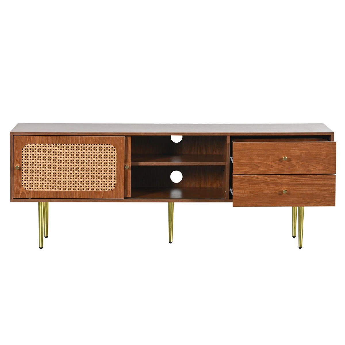 TV-ELEMENT 160/40/60 cm Nussbaumoptik mit Rattan-Schiebetüren und Schubladen - Nussbaumfarben, Holzwerkstoff (40/60/160cm) - Korfee