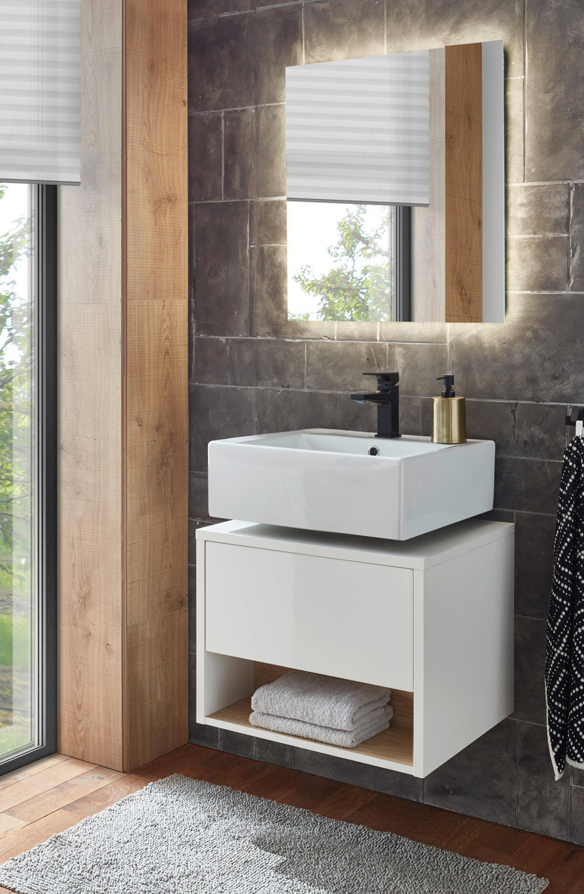 BADMÖBEL-SET 2-teilig weiß Hochglanz, Eiche mit LED Beleuchtung 60 cm Glide - Weiß Hochglanz/Eichefarben, Glas/Holzwerkstoff (60/190/46cm) - Furn.Design