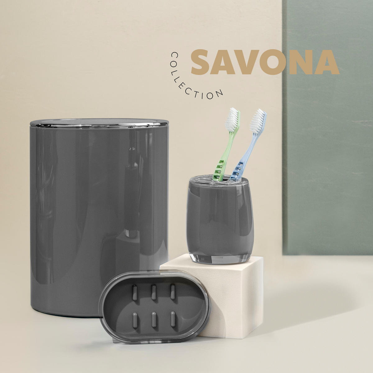 BAD-SET 3tlg. SAVONA, grau - Grau, Kunststoff (19/24.5/19cm) - bremermann