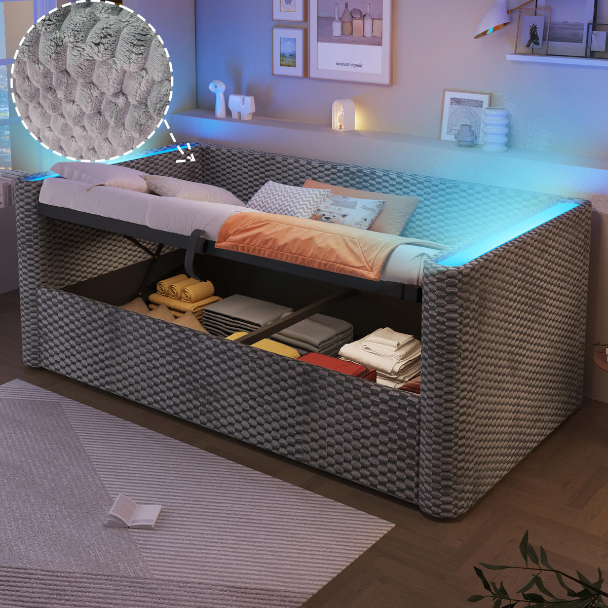 BETT 90/200 cm Grau aus Samt und MDF mit Stauraum und LED-Beleuchtung - Grau, Textil (90/200cm) - OKMYHOME