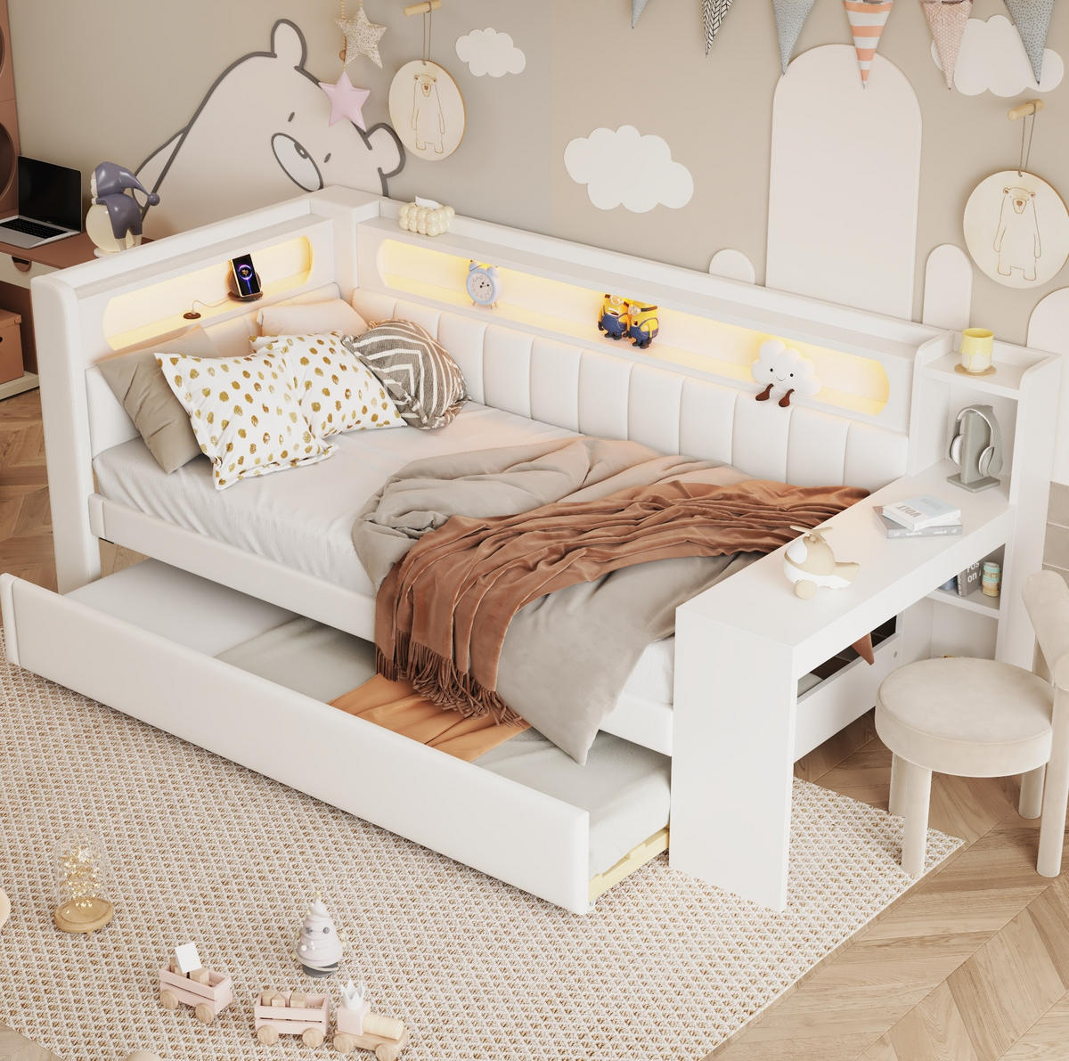 TAPECIRANI dnevni krevet 90/200 cm bijeli od MDF-a i šperploče s LED rasvjetom, USB-om i izvlačnim ležajem - bijela, drvni materijal (90/200cm) - OKWISH