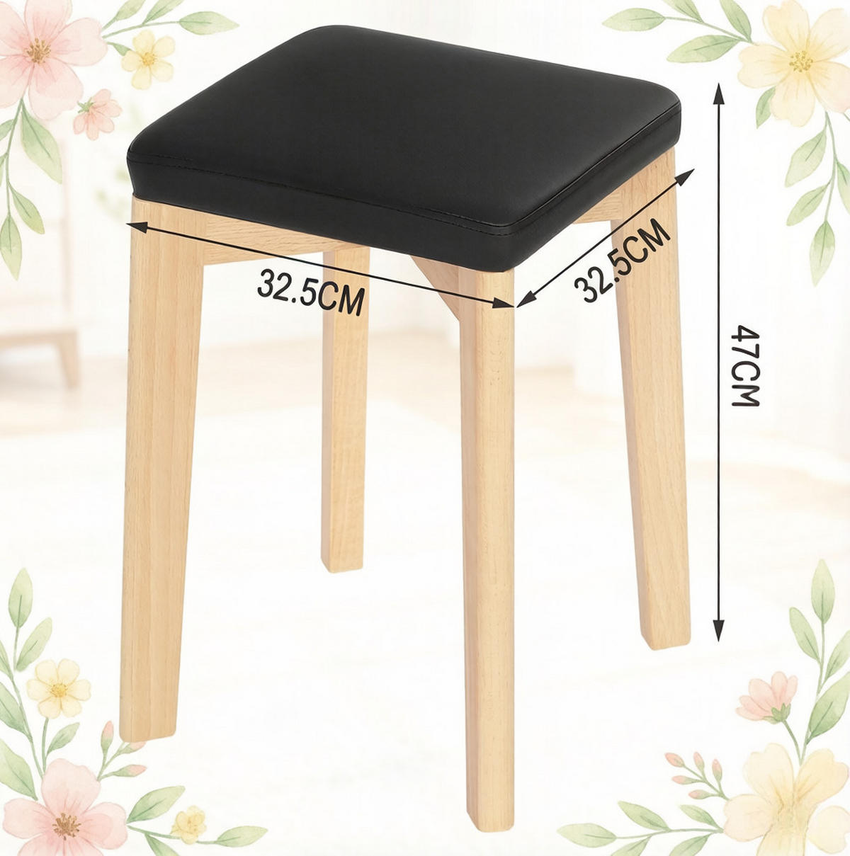 ESSHOCKER 2er-Set mit Polstersitz 32,5 x 32,5 x 47 cm Schwarz/Naturholz - Schwarz, Holz (32.5/47/32.5cm) - Meubliv