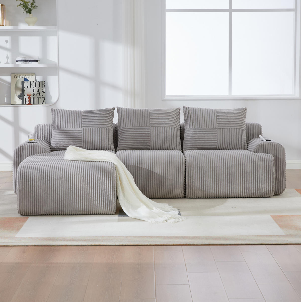 SOFA modular 3-Sitzer 268 x 174 cm Cord Hellgrau mit Hockern - Hellgrau, Kunststoff (174/268cm) - Meubliv