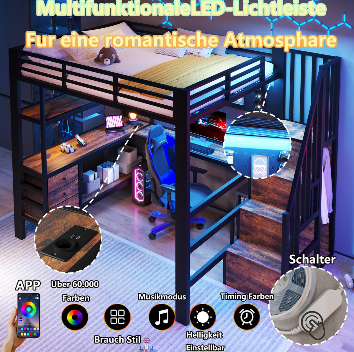 HOCHBETT 140/200 cm aus MDF und Metall mit Tisch, LED, Schwarz - Schwarz, Holzwerkstoff (140/200cm) - OKMYHOME
