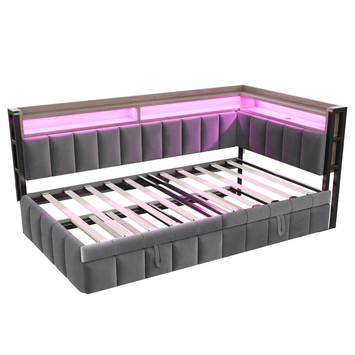 AUSZIEHBETT 90/200 cm ausziehbar mit LED und USB, DE-41717, in Dunkelgrau - Grau, Metall (90/200cm) - ComfortXL