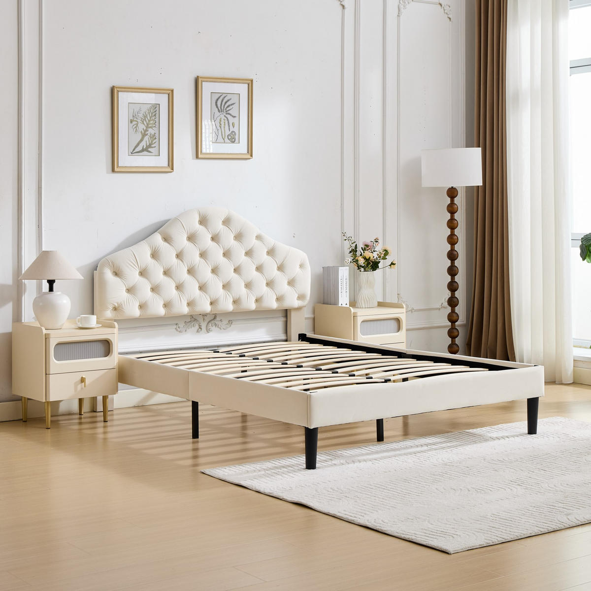 BETT mit verstellbarem Kopfteil 140x200 cm Samt Beige - Beige, Holzwerkstoff (140/200cm) - Meubliv