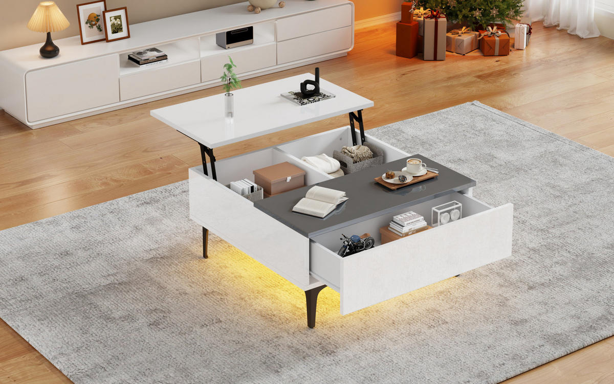 COUCHTISCH, höhenverstellbar bis 48,5 cm, MDF Hochglanz mit LED & verstecktem Stauraum, 70/70/35 cm, Weiß und Grau und schwarz - Weiß, Holzwerkstoff (70/70/35cm) - Redom