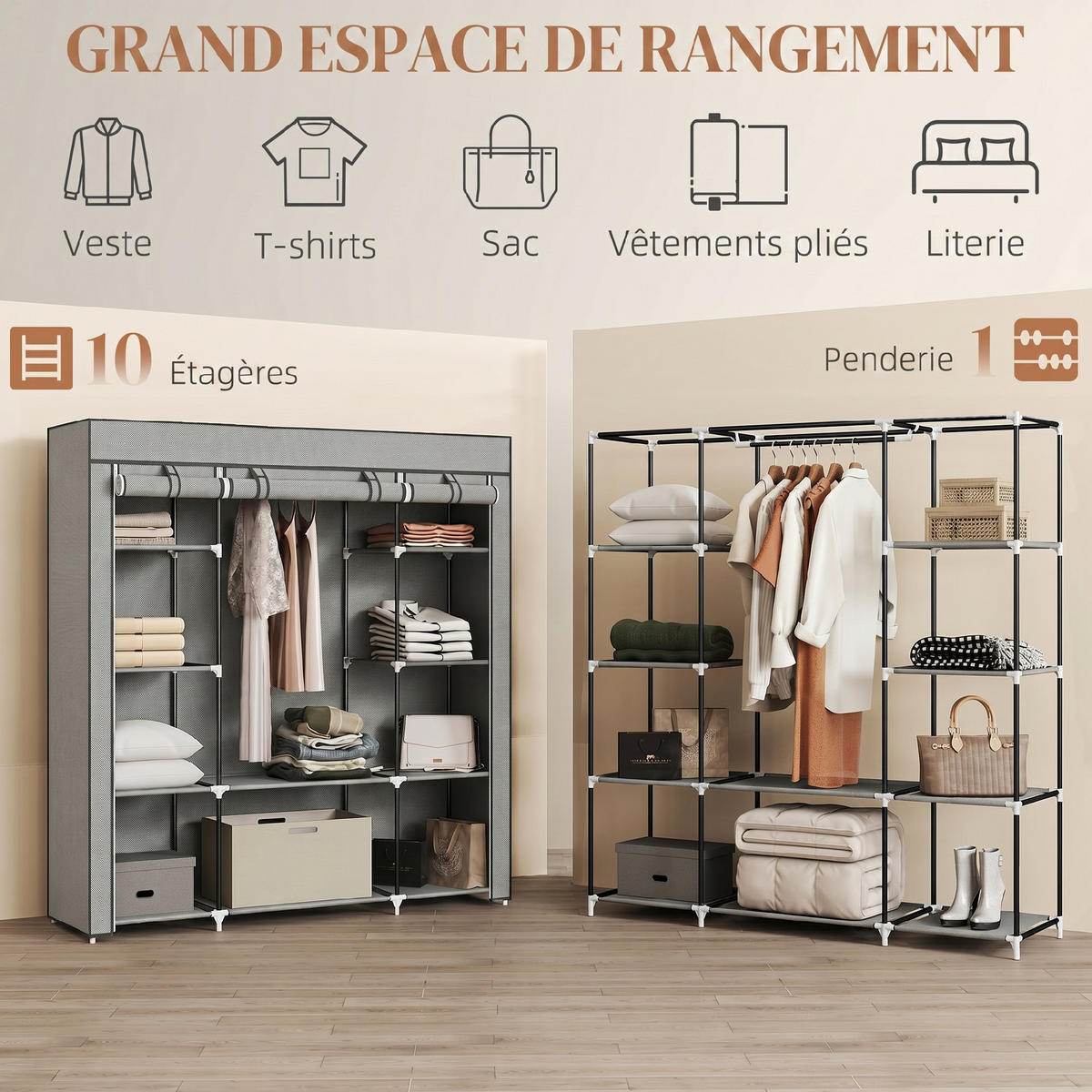 STOFFSCHRANK Hellgrau 1 Stück - Hellgrau, Naturmaterialien (150/162.5/43cm) - GiPP