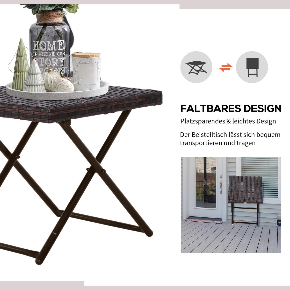 GARTENKLAPPTISCH, Braun, Stahl, PE-Rattan - Braun, Kunststoff (40/40/40cm) - Outsunny