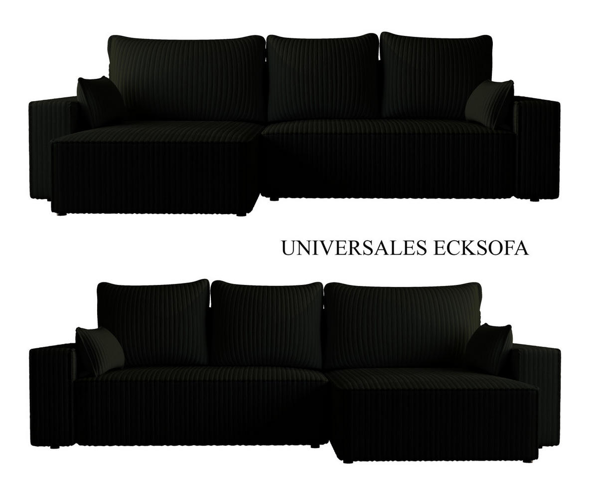 ECKSOFA Tobi mit Bettkasten und Schlaffunktion, L-Form/XL-Form, Cordstoff, Universal - Schwarz, Holzwerkstoff (276/145cm) - 4ALL HOME