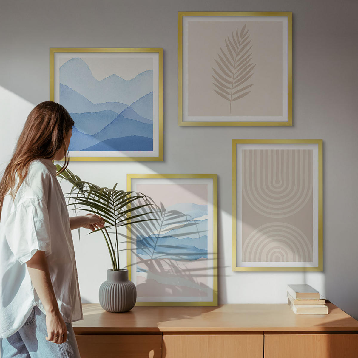 WANDBILDER 4er Set - 50x50 cm & 40x60 cm Goldrahmen - Blätterwellen beige blau - Goldfarben, Kunststoff (50/50cm) - ArtPrintCave