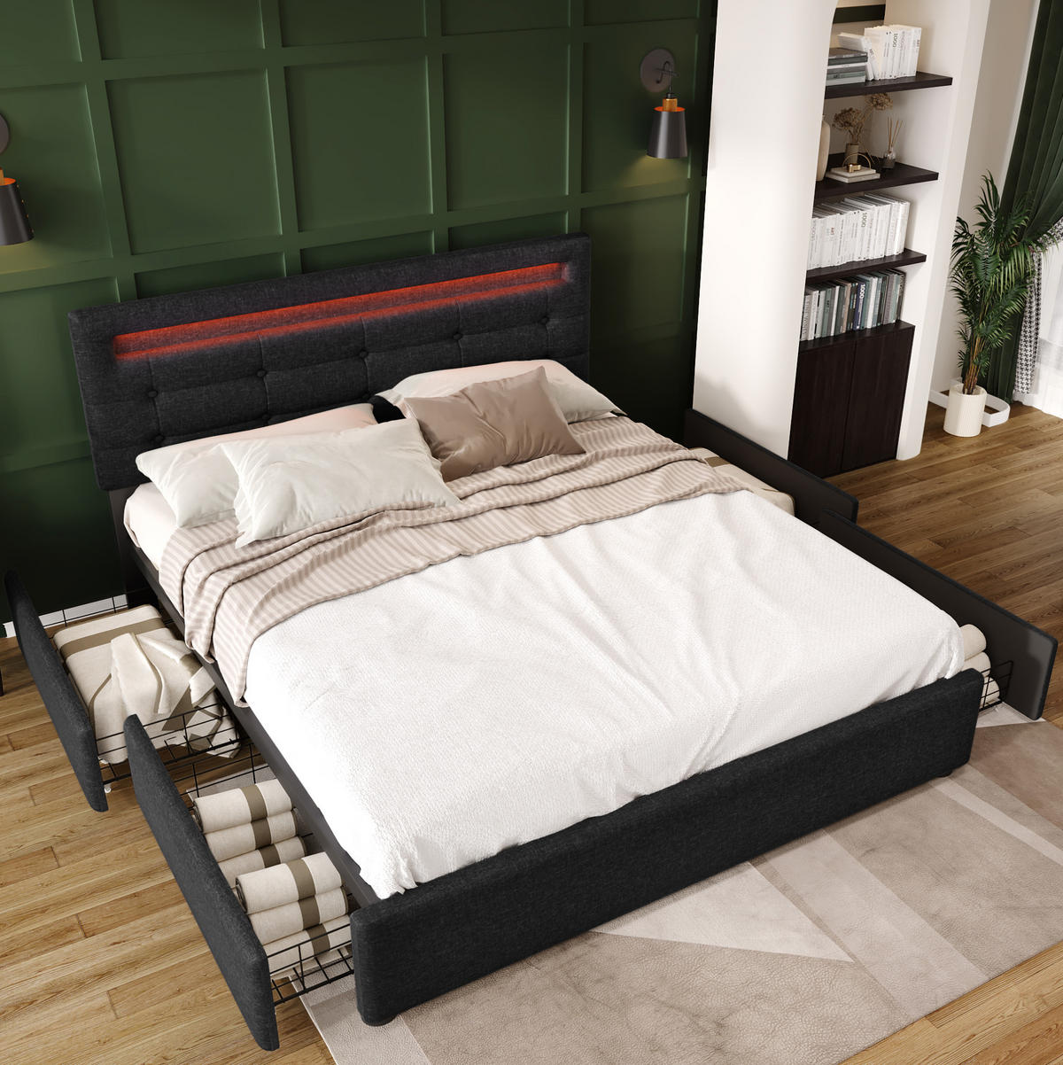 POLSTERBETT mit LED-Beleuchtung 140/200 cm mit 4 Schubladen, höhenverstellbarem Kopfteil - Schwarz, Textil (140/200cm) - BEAOK