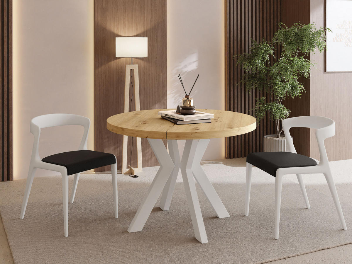 ESSTISCH Savio Weiß rund ausziehbar verlängerbar XXL, Eiche Artisan Hellbraun 100-300/100/77 cm - Weiß/Eiche Artisan, Holz/Holzwerkstoff (100/100/77cm) - WFL GROUP