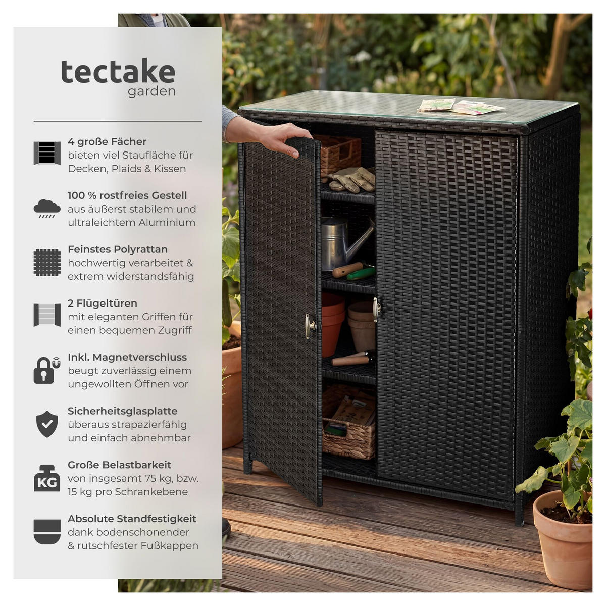GARTENSCHRANK Monza, 84,5 x 40,5 x 103,5 cm, schwarz - Schwarz, Kunststoff (84.5/103.5/40.5cm) - tectake