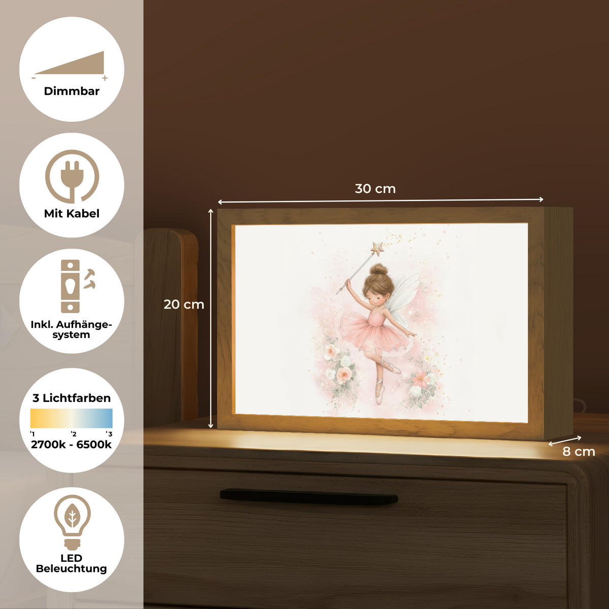 NACHTTISCHLAMPE Ballerina - Fee - Blumen - Rosa 30x20 cm - Rosa, Holzwerkstoff (8/30/20cm)