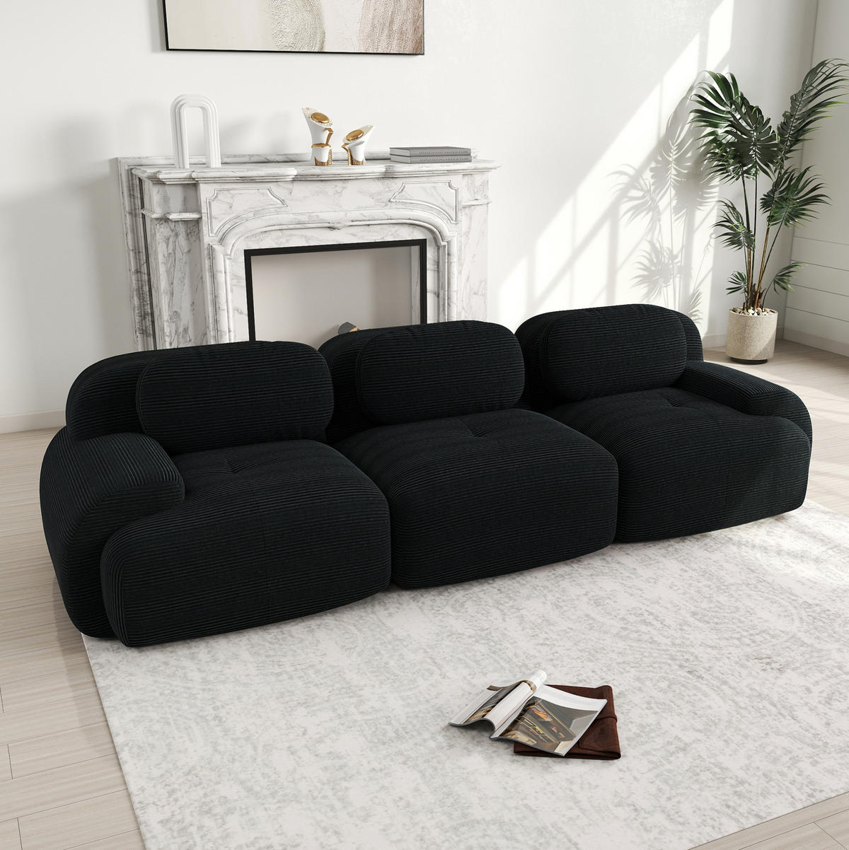 ECKSOFA modular rahmenlos Cordstoff Black - Schwarz, Kunststoff (103/75/298cm) - Meubliv