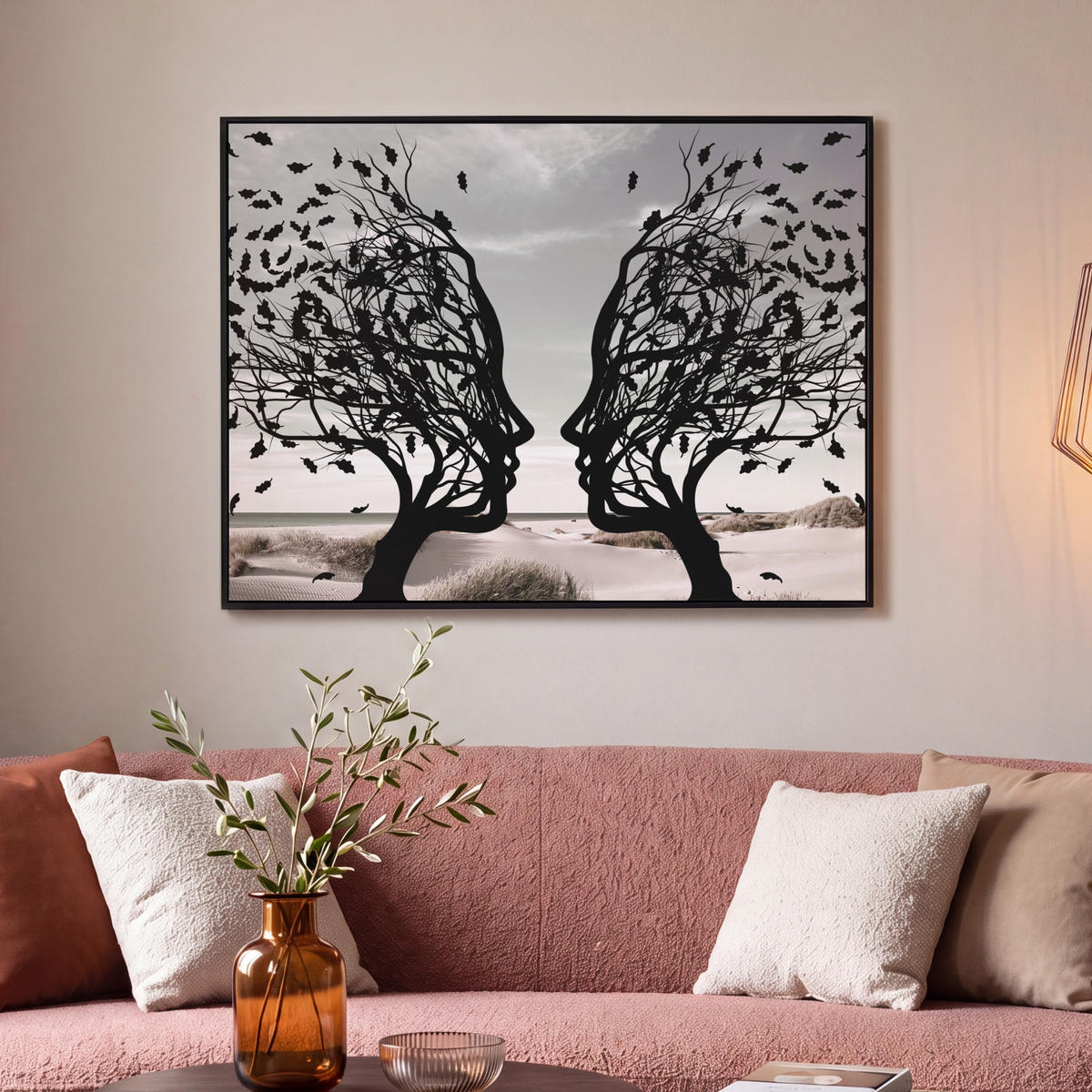 LEINWAND Bilder mit Rahmen - Strand - Meer - Menschen - Baum - Moderne Kunst - 100x70 - Hellgrau, Textil (100/70cm) - MuchoWow