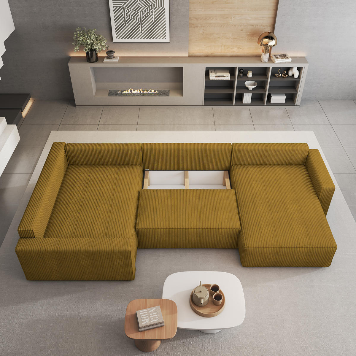 WOHNLANDSCHAFT VELAMI L-S Gelb Kordstoff mit Schlaffunktion - Gelb, Holz (365/83/194cm) - MASSENO