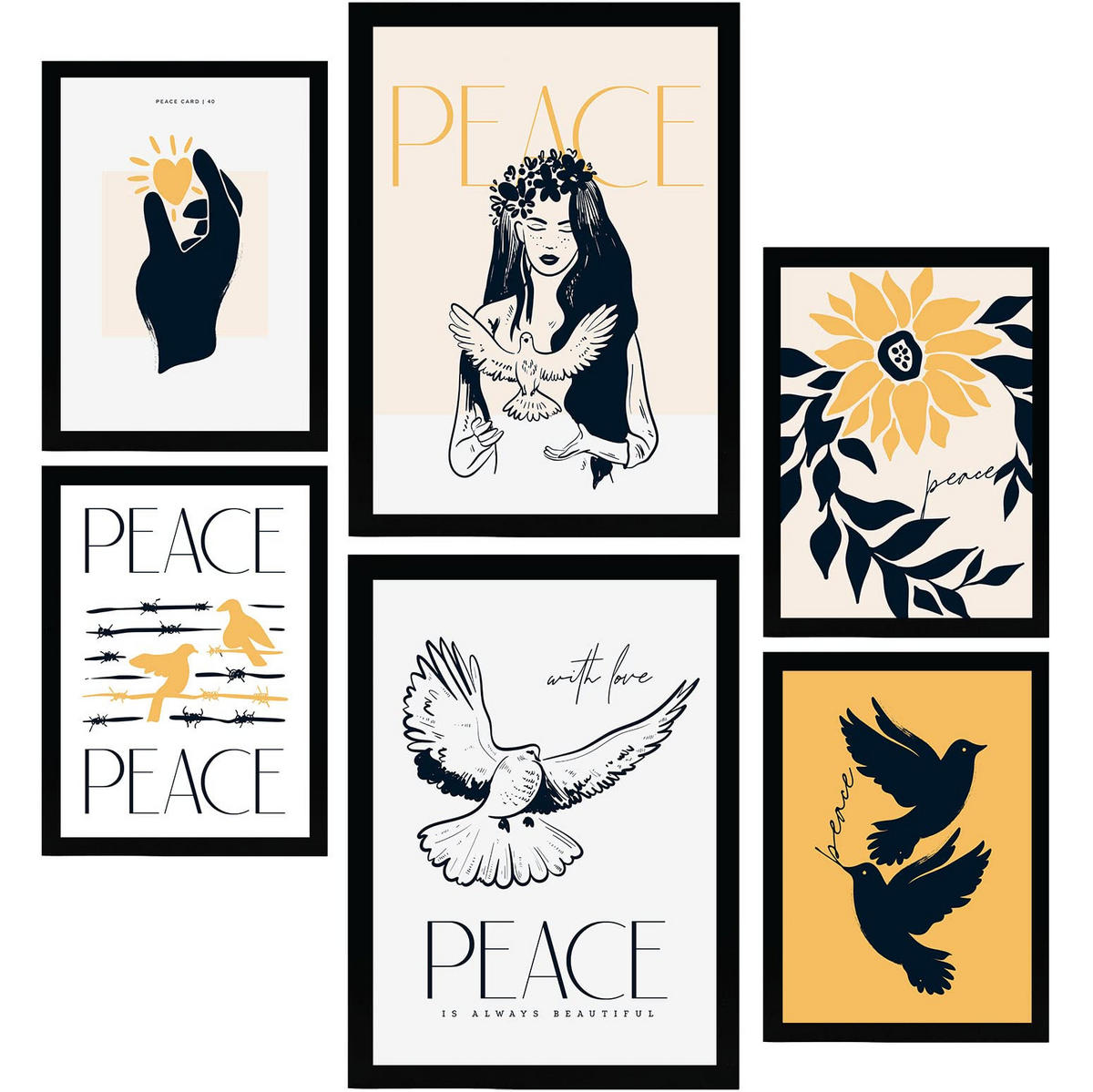 POSTER Set Mit 6 In Schwarzer Tinte Frieden Und Liebe Kunstdrucke Von Meer Und Ozean Für Innenarchitektur A3 & A4 Schwarzer Rahmen - Schwarz, Papier (29/3cm) - Nacnic