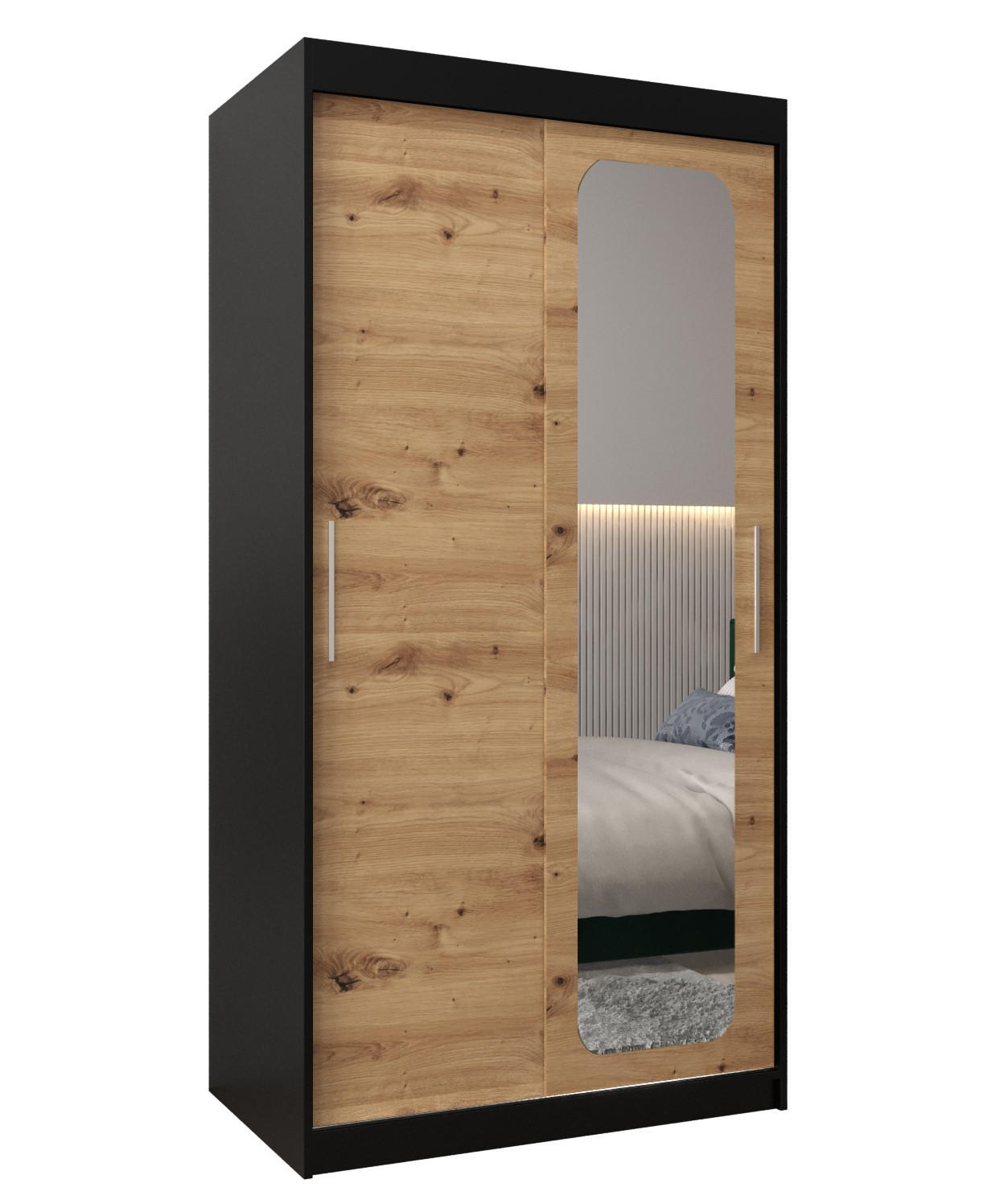 Abiks Möbel Schwebetürenschrank Schwarz, Eiche Artisan 100x200x62 cm