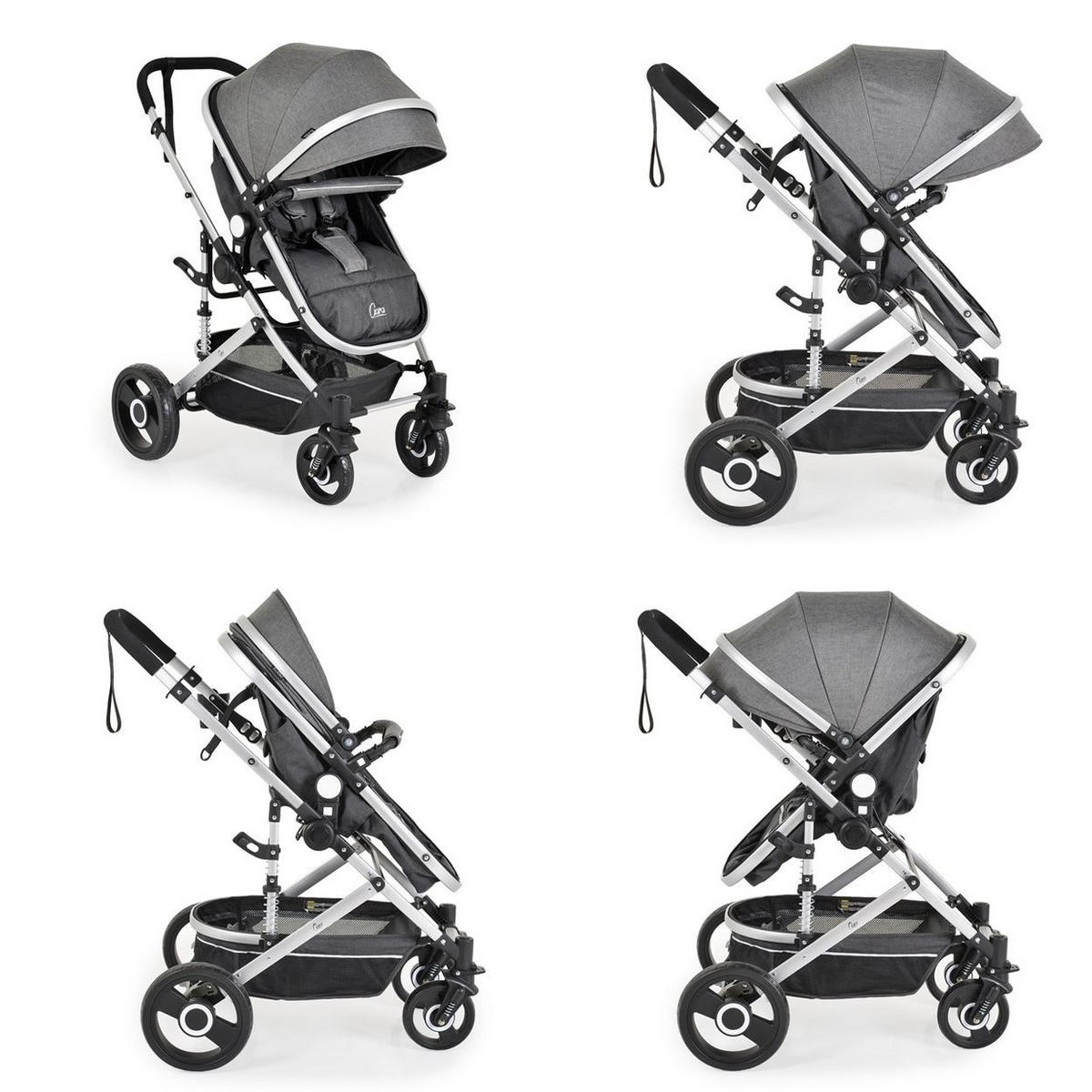 KINDERWAGEN Ciara grau schwarz Tragetasche Sportsitz Wickeltasche faltbar Sitz umkehrbar - Schwarz, Metall (94/63/103cm) - Moni