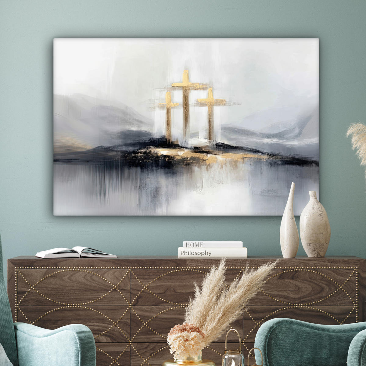 LEINWANDBILD Abstrakt - Malerei - Christentum - Kreuz Groß 140x90 cm - Weiß, Textil (140/90cm) - MuchoWow