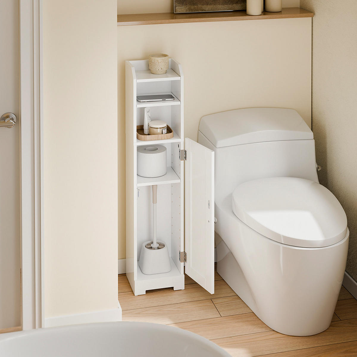 TOILETTENSCHRANK MIT TOILETTENPAPIERHALTER, 1 Tür Weiß 20x18x95cm Modern - Weiß, Holzwerkstoff (18/95/20cm) - SoBuy
