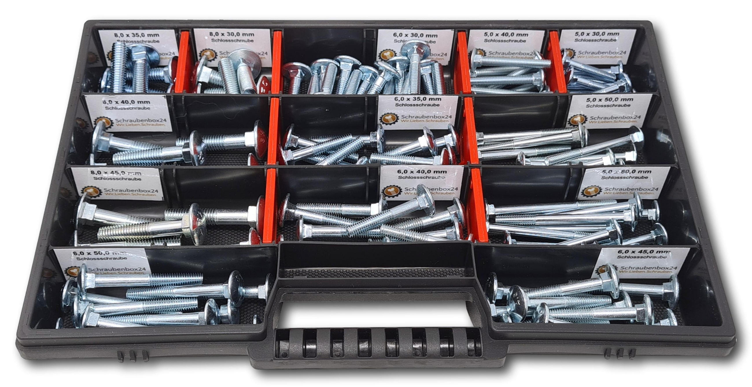 FLACHKOPFSCHRAUBEN Sortiment M5-M6-M8 // 30mm-60mm 115 tlg. Schraubenbox DIN 603 - Zinkfarben, Metall (3.5cm) - Schraubenbox24