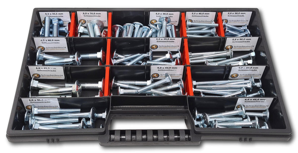 FLACHKOPFSCHRAUBEN Sortiment M5-M6-M8 // 30mm-60mm 115 tlg. Schraubenbox DIN 603 - Zinkfarben, Metall (3.5cm) - Schraubenbox24