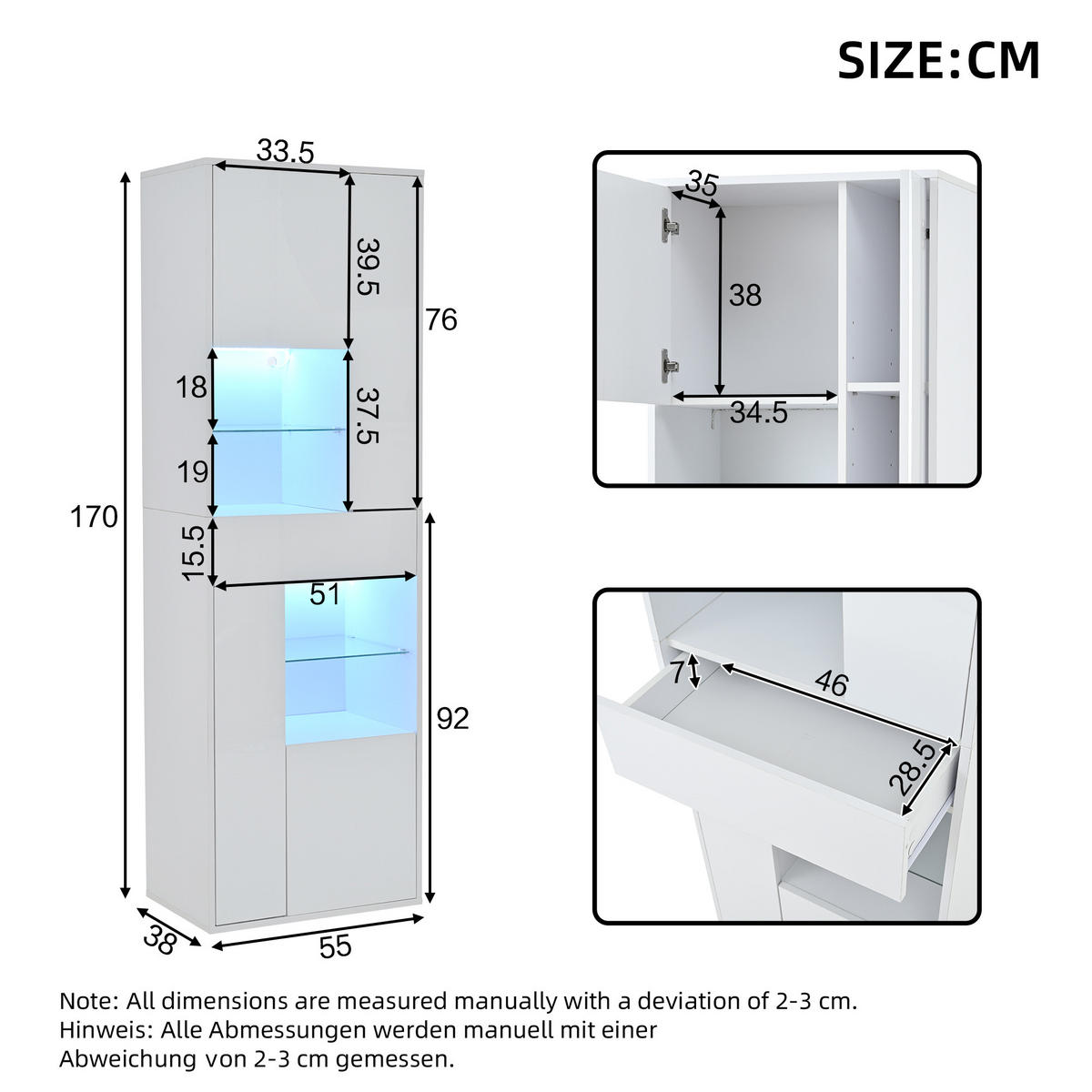 VITRINE 55/38/170 cm weiß aus Spanplatte mit LED-Hochglanzfront - Weiß, Holzwerkstoff (55/170/38cm) - OKWISH
