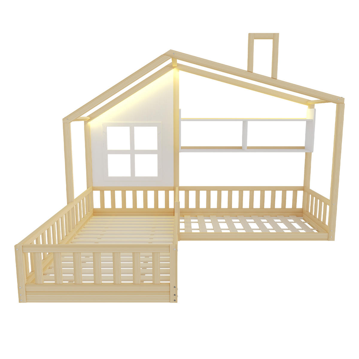 HAUSBETT 90/200 cm naturfarben weiß aus Massivholz mit LED und Regal - Naturfarben, Holz (90/200cm) - OKWISH