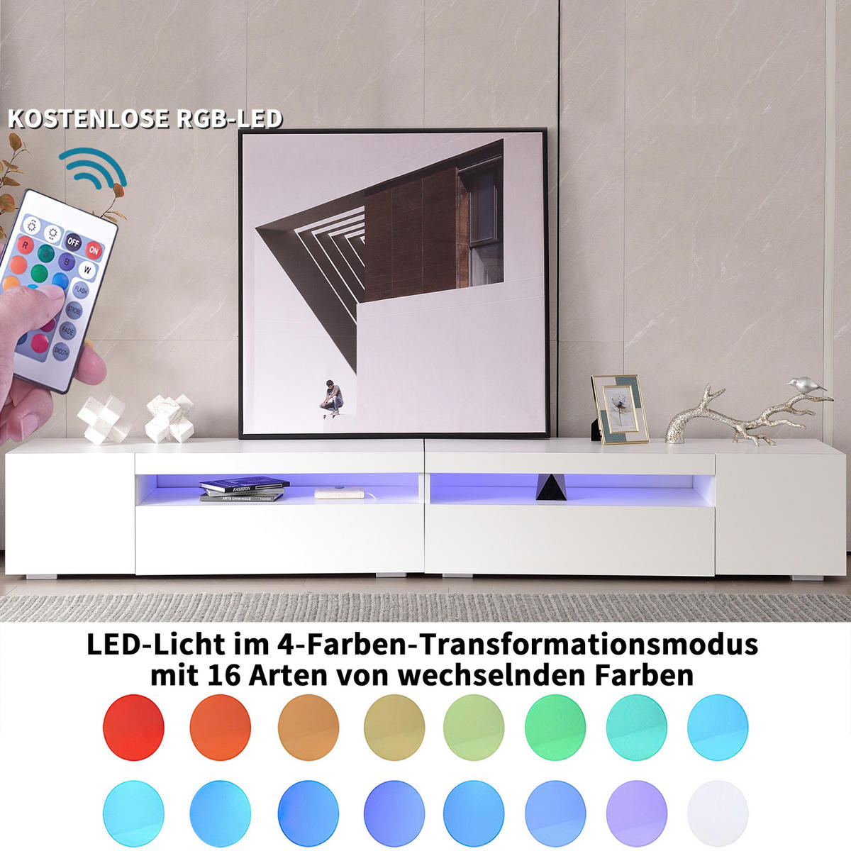 TV Lowboard LED 260x35x40 cm, 3 Ebenen, 2 Türen, Weiß - Weiß, Holz (240/35/39cm)