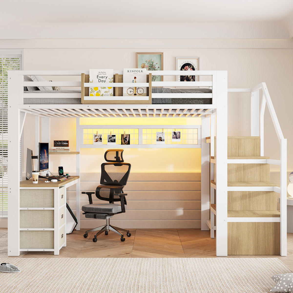 HOCHBETT 140/200 cm in Weiß mit Schreibtisch, 3 Schubladen, Stauraum und Kleiderschrank aus MDF und Metall - Weiß, Holzwerkstoff/Metall (140/200cm) - STILVORA