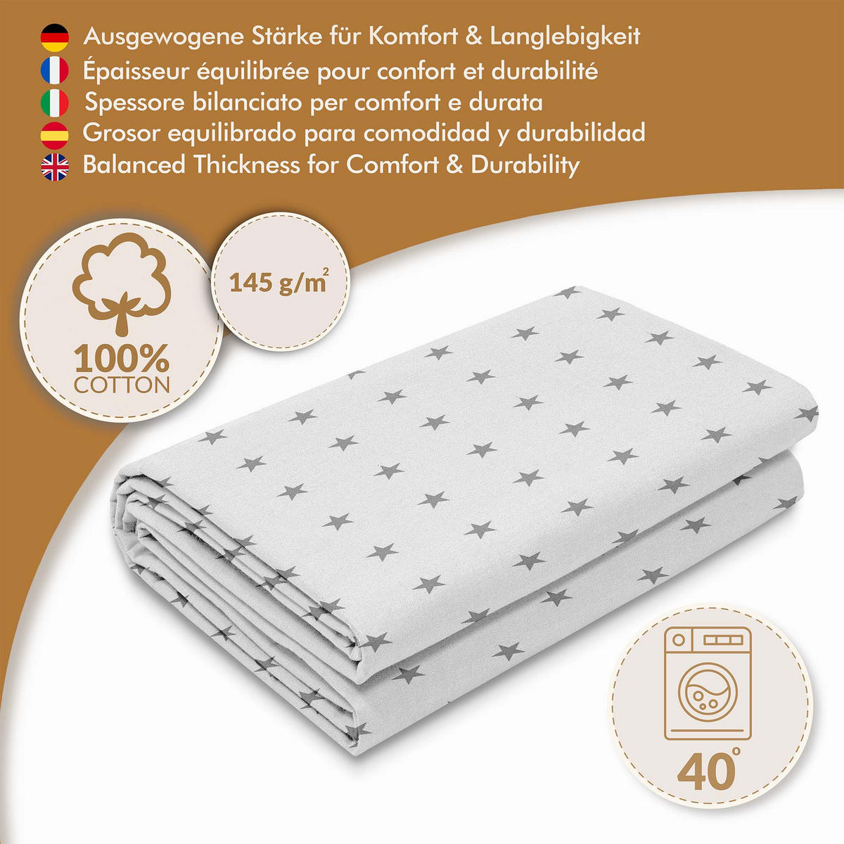 BAUMWOLLSTOFF Stardust 160 cm breit, 145 g/m², hellgrau mit weißen Sternen, robuste Baumwoll-Leinwand - Hellgrau, Textil (160/100cm) - Dreamroots