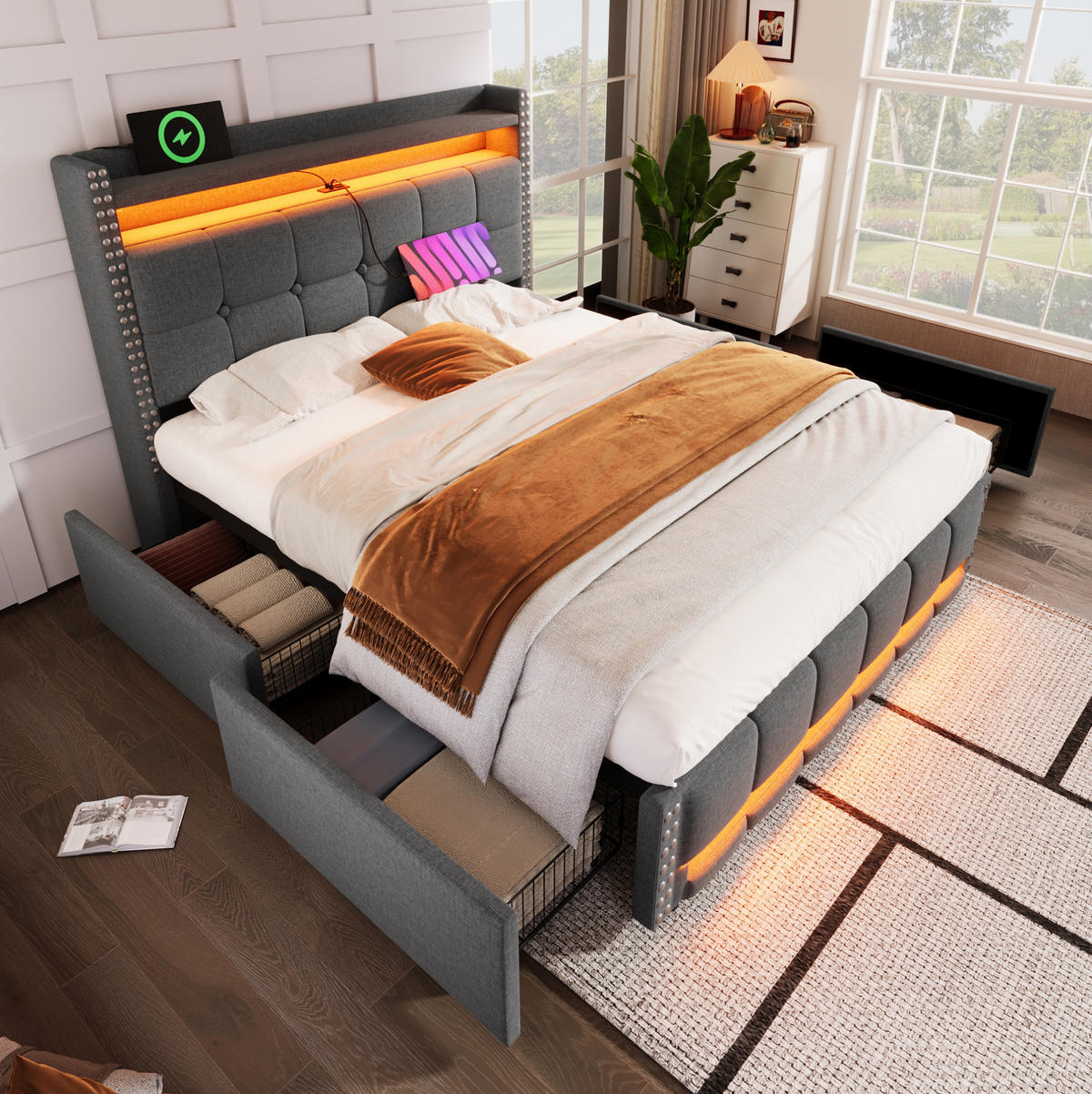 POLSTERBETT mit Stauraum und LED 140x200 cm Grau - Grau, Metall (140/200cm) - Meubliv