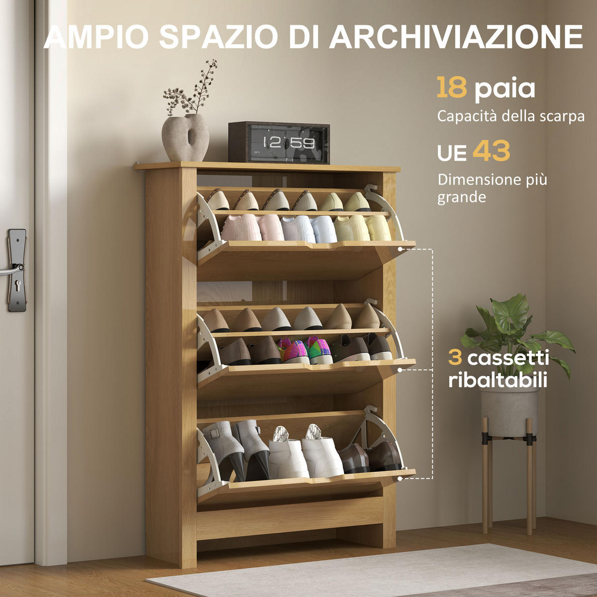SCHUHABLAGE,3 Schubladen für 18 Paar 72x26x112cm,natur - Beige, Holz (72/112/26cm) - Vallsero