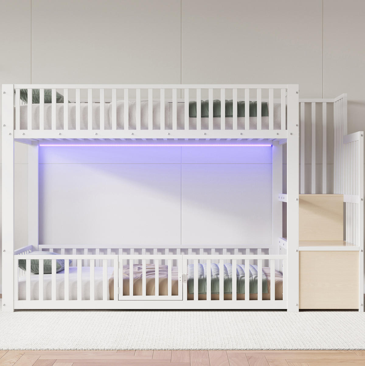PATROVÁ postel 90/200 cm bílá z MDF a kovu s LED a úložným schodištěm - bílá, kompozitní dřevo (90/200cm) - OKWISH