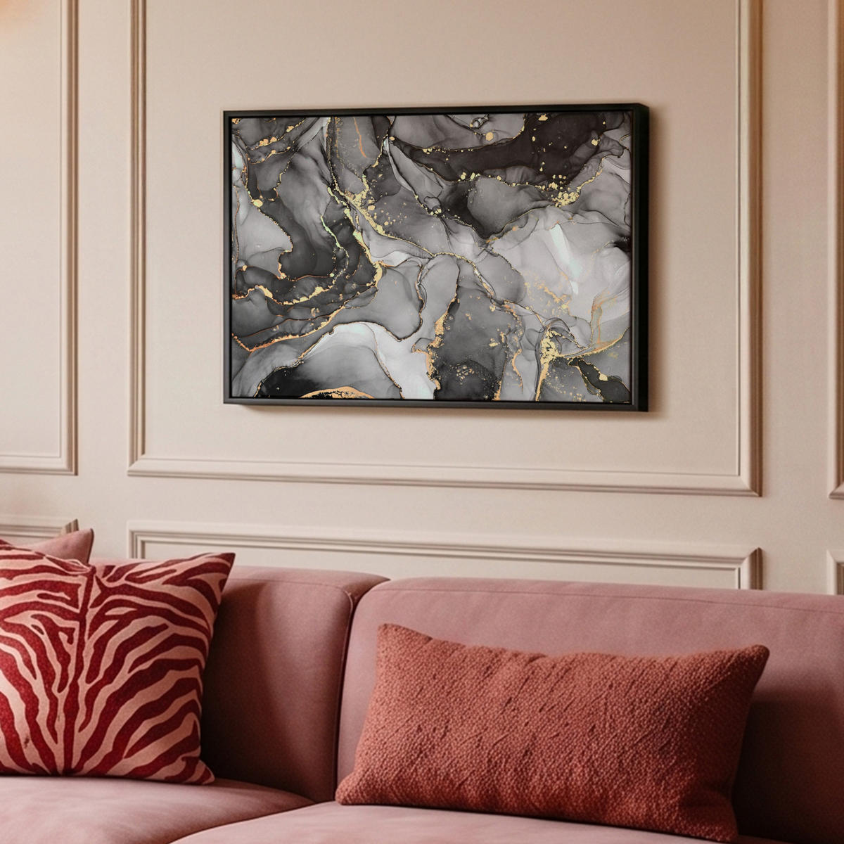 LEINWAND Bilder mit Rahmen - Grau - Luxus - Gold - Marmor - 60x40 - Dunkelgrau, Textil (60/40cm) - MuchoWow