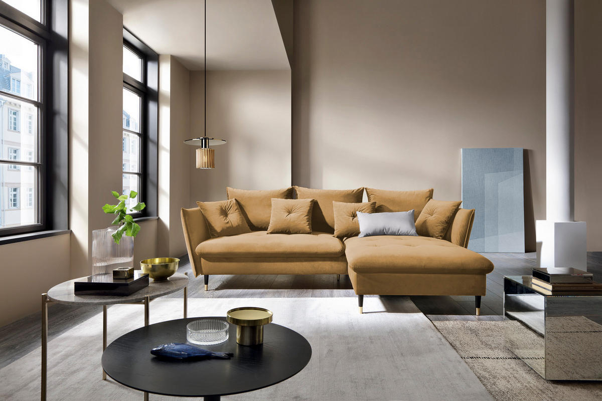 ECKSOFA GLAM mit Schlaffunktion, Ottomane & goldenen Füßen – Samtsofa im Glamour-Stil mit Zierkissen, 258x167x91 cm, rechte, platin​ - Platinfarben, Holz/Textil (258/167cm) - DomoHome