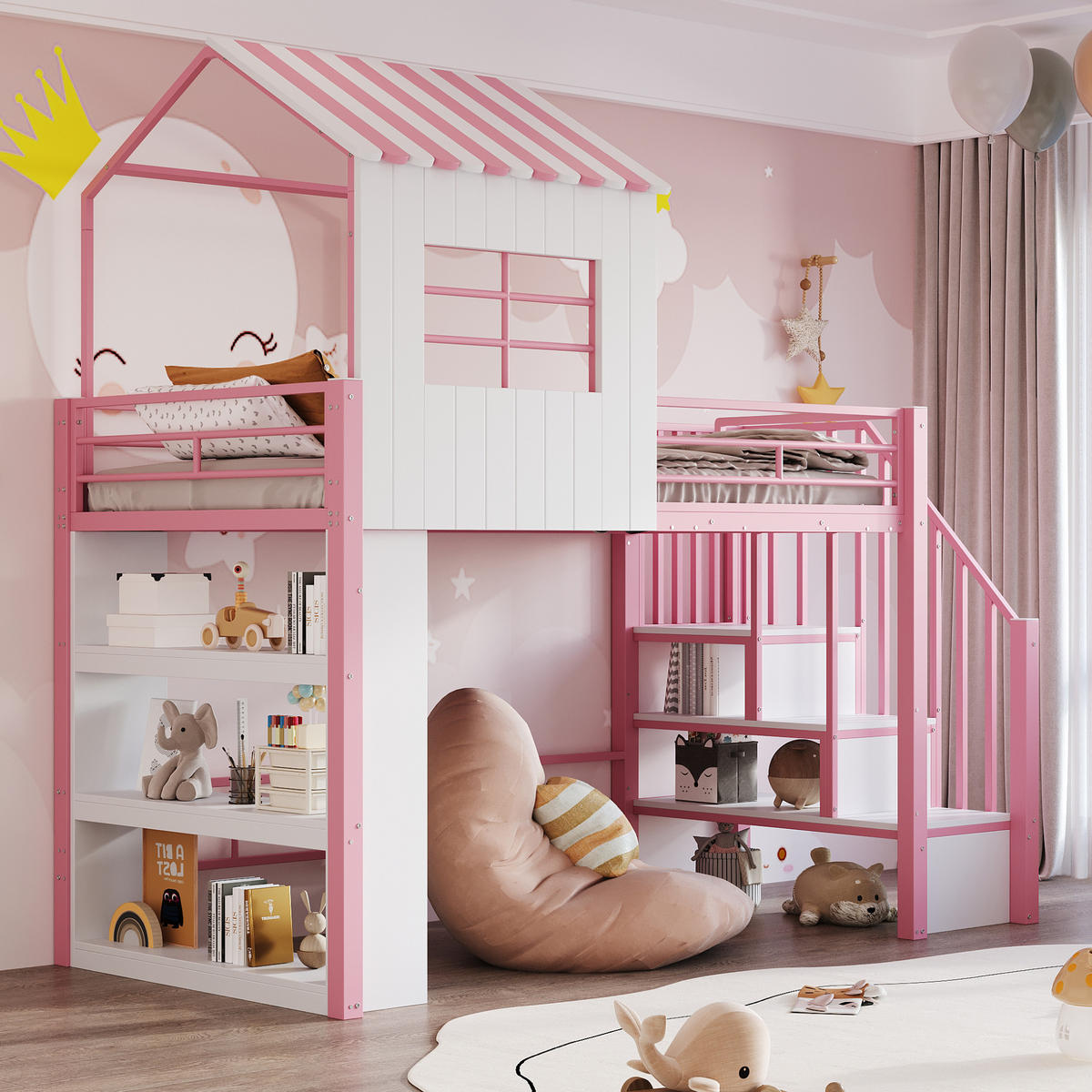 HOCHBETT 90/200 cm in Pink mit Stauraum, Treppe und Regal aus MDF und Metall - Rosa, Holzwerkstoff/Metall (90/200cm) - CHICFURN