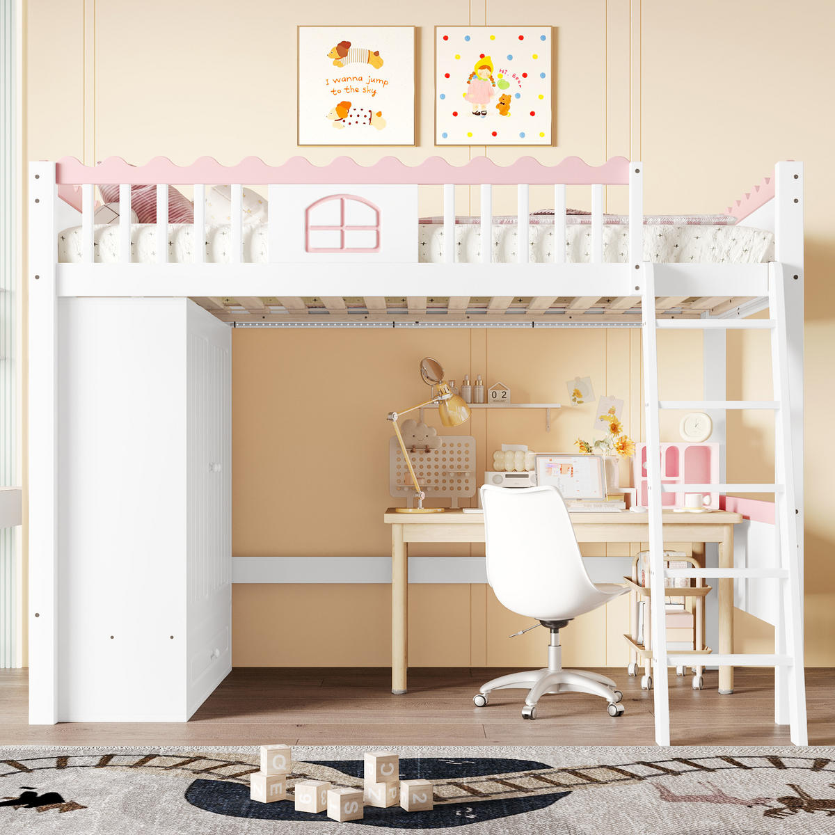 HOCHBETT 90x200cm Weiß Kiefer Kinderbett LED-Licht Kleiderschrank EN747 - Weiß, Holz (90/200cm) - FLIEKS