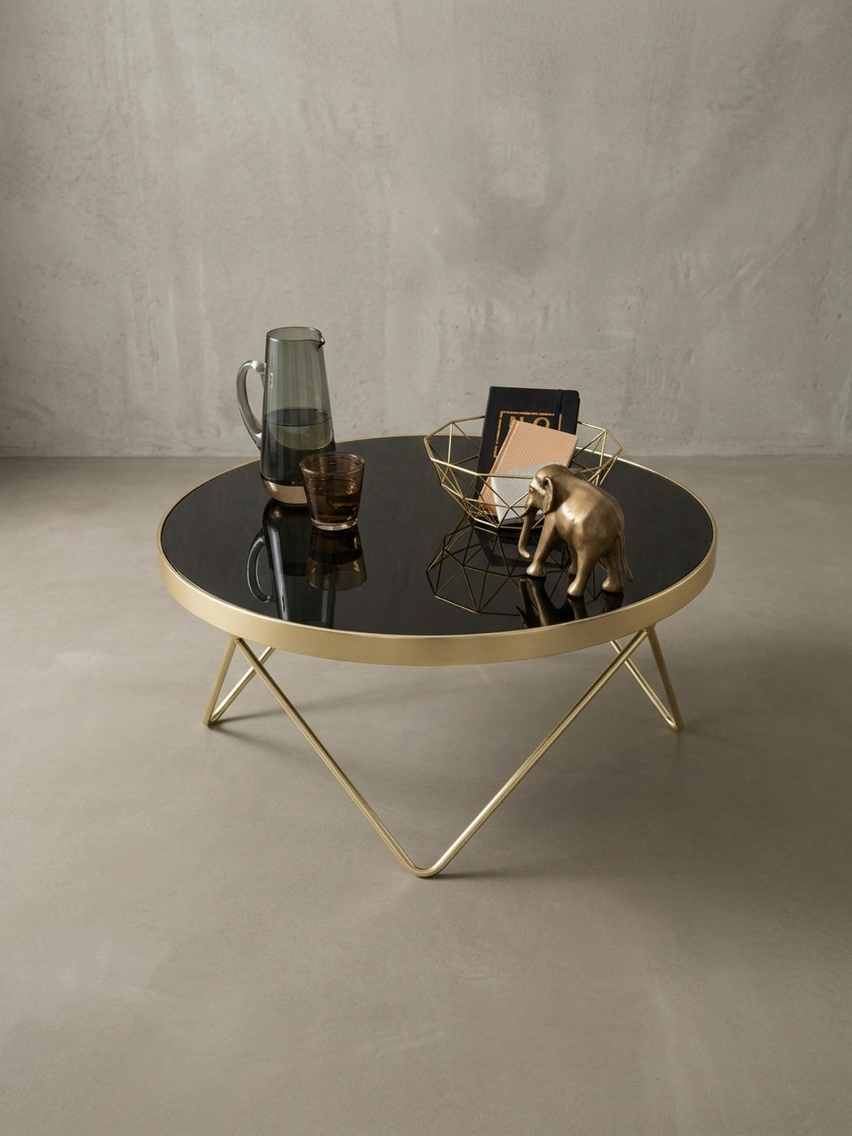 BEISTELLTISCH Schwarz Glasplatte Goldene Beine Retro-Stil 82cm Durchmesser - Goldfarben/Schwarz, Glas/Metall (82/82/39cm) - KADIMA DESIGN