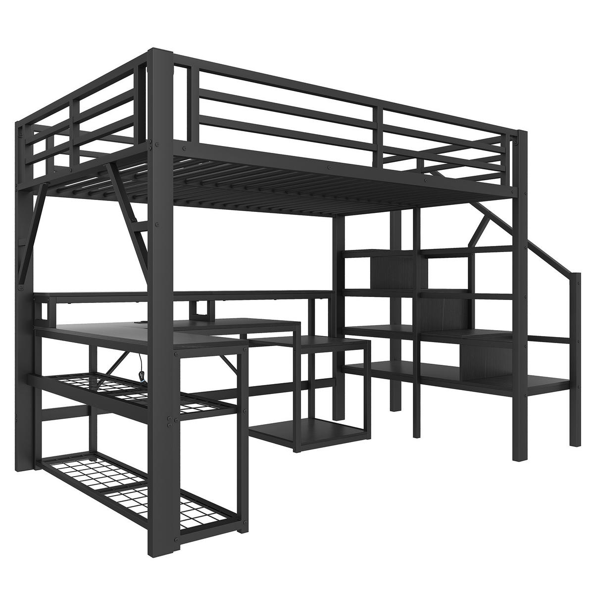 HOCHBETT aus Metall und MDF 140x200 cm Schwarz mit Schreibtisch, Stauraum, LED-Beleuchtung und USB-Anschluss - Schwarz, Metall (140/200cm) - IVMEU