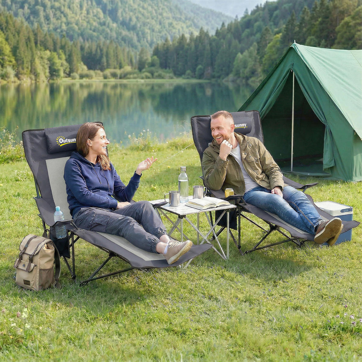 CAMPINGSTUHL mit Fußablage 2er Set Edelstahl, 600D Oxford-Gewebe Dunkelgrau - Dunkelgrau/Schwarz, Metall (80/100/125cm) - Outsunny