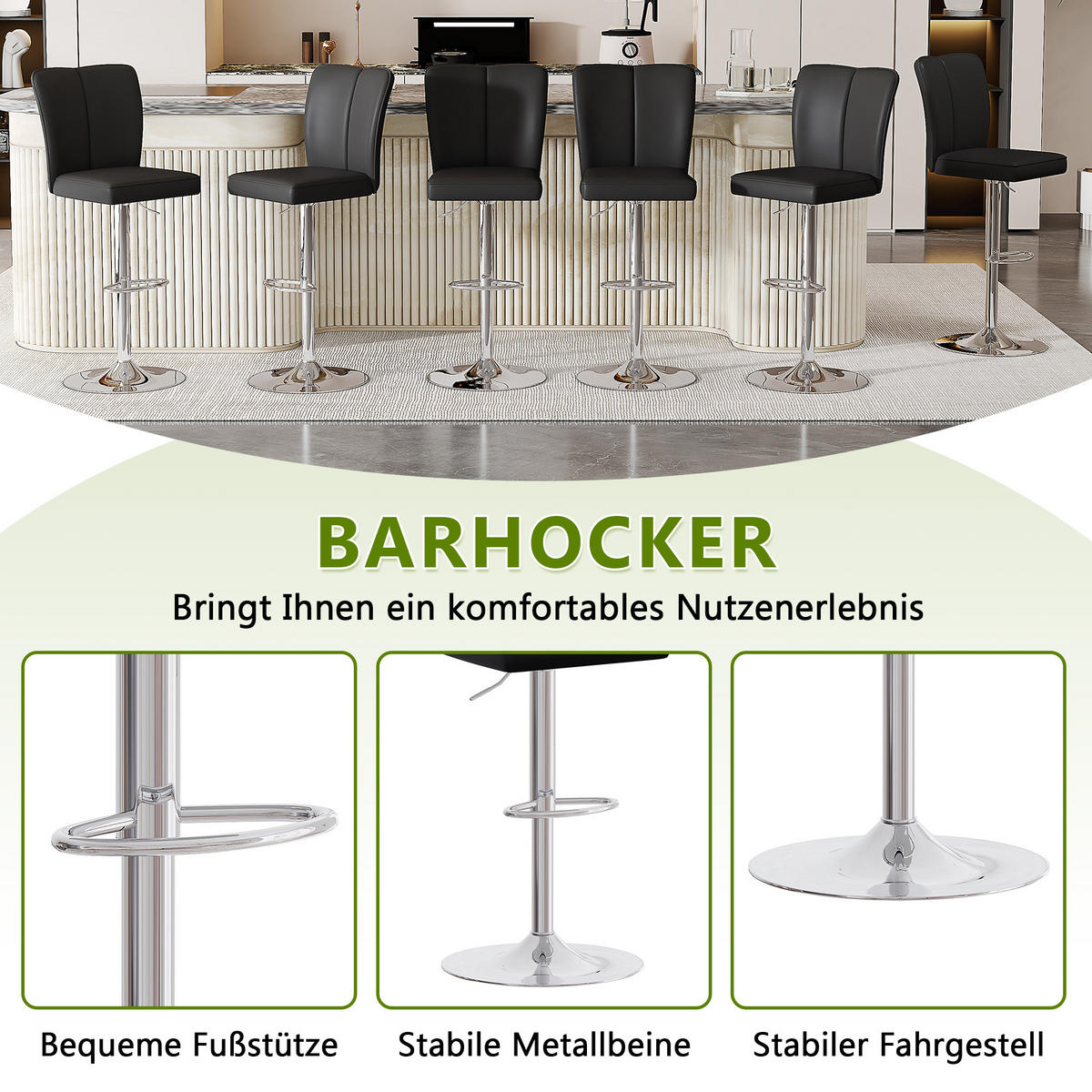 BARHOCKER Schwarz-Silber 2er-Set höhenverstellbar 360° drehbar mit PU-Leder - Schwarz, Metall (44.5/95.5/44cm) - PANGIVO