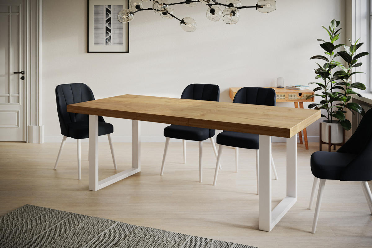 ESSZIMMERTISCH LOFT-U, ausziehbarer Tisch 180-280X90X77 cm, Farbe: CRAFT, mit Metallbeinen in Farbe Weiß - Weiß/Braun, Holzwerkstoff (180/90/77cm) - Alpi-Möbel