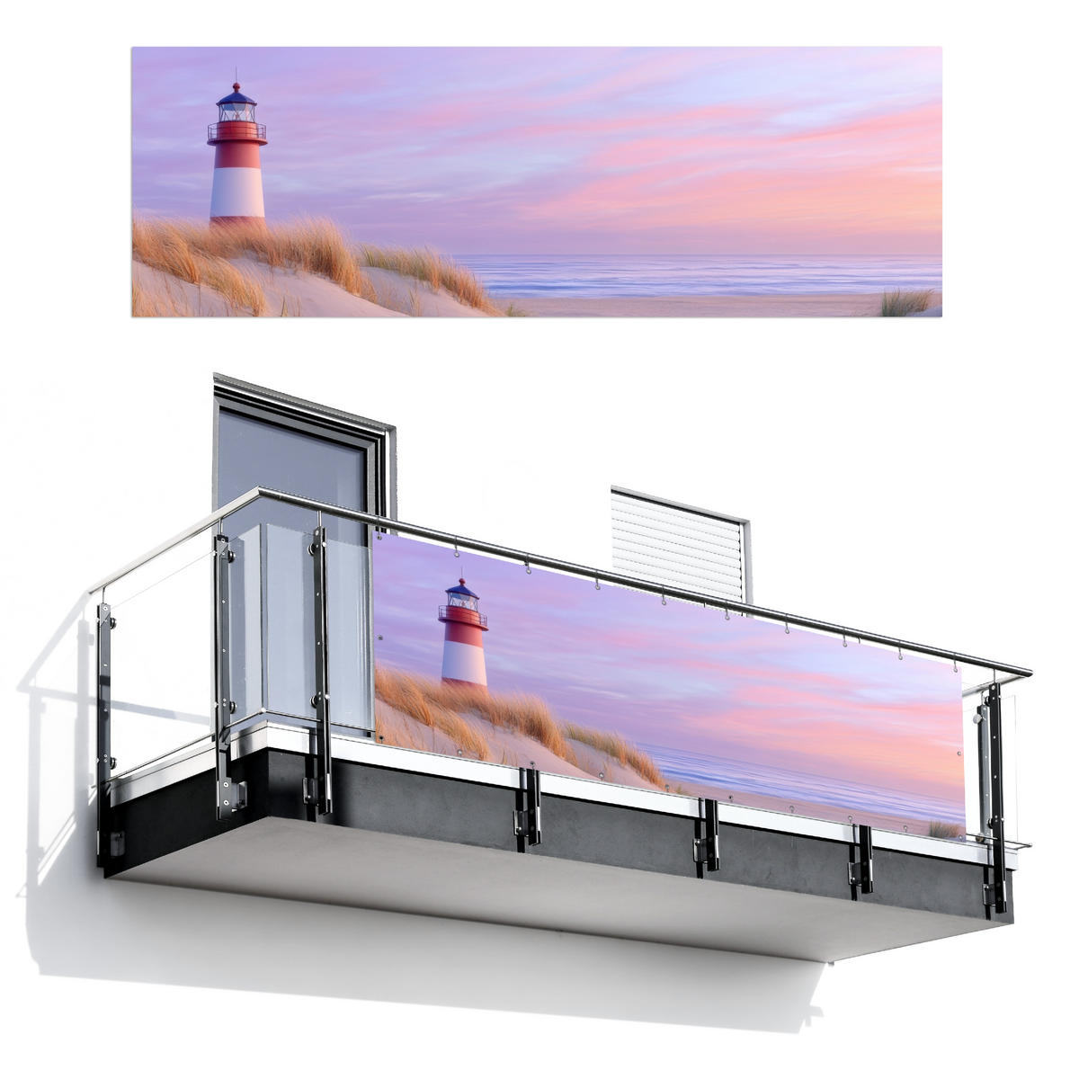 BALKON-SICHTSCHUTZ Leuchtturm - Dünen - Sonnenuntergang 300x100 cm - Hellrosa, Kunststoff (300/100cm) - MuchoWow